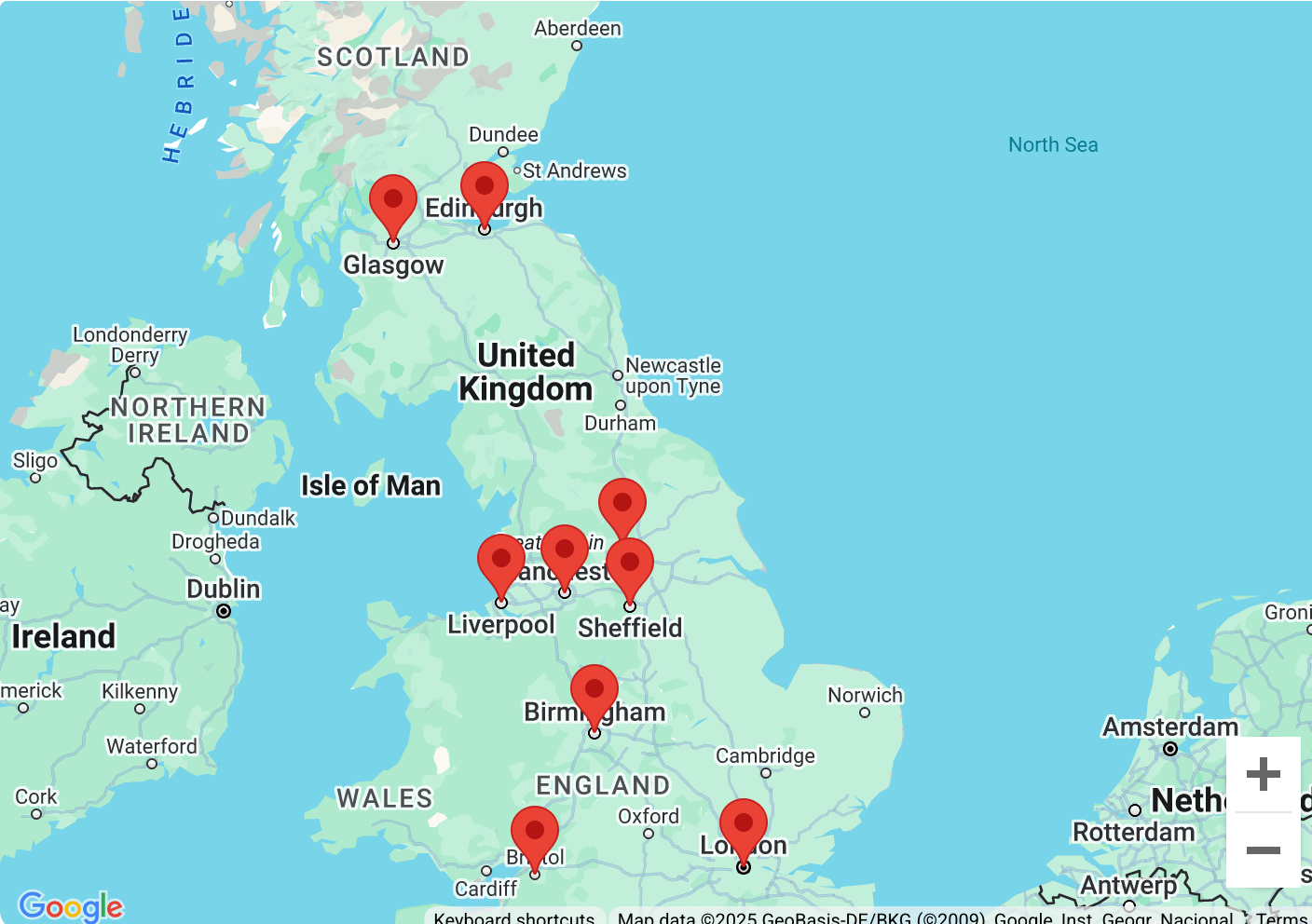 UK Service Coverage Map showing major cities including London, Manchester, Birmingham and more